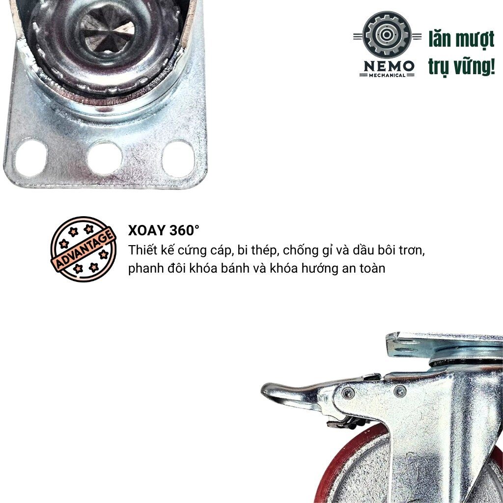 Bánh xe đẩy hàng PU lõi gang, bền bỉ, chịu hóa chất, 7cm, 10cm, 12cm, 115-150kg